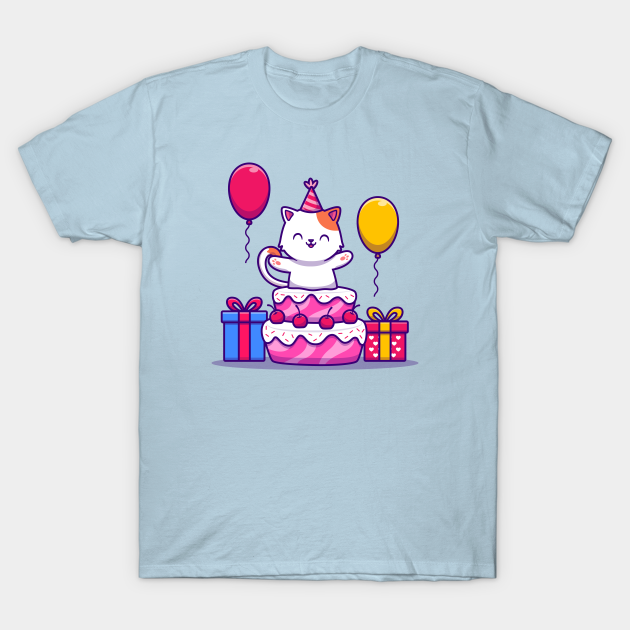 Cute Cat Birthday Party With Cake, Gift And Balloon Birthday T